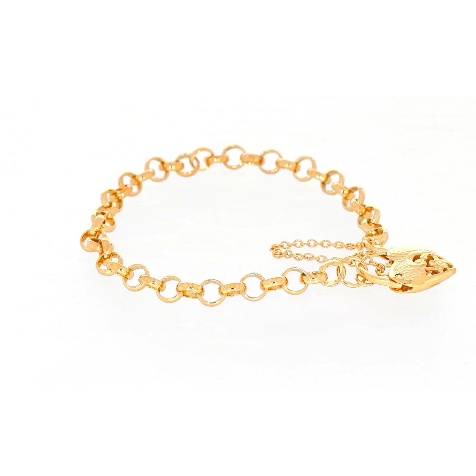 9ct Yellow Gold Silver Filled 19cm Round Belcher Heart Padlock Bracelet