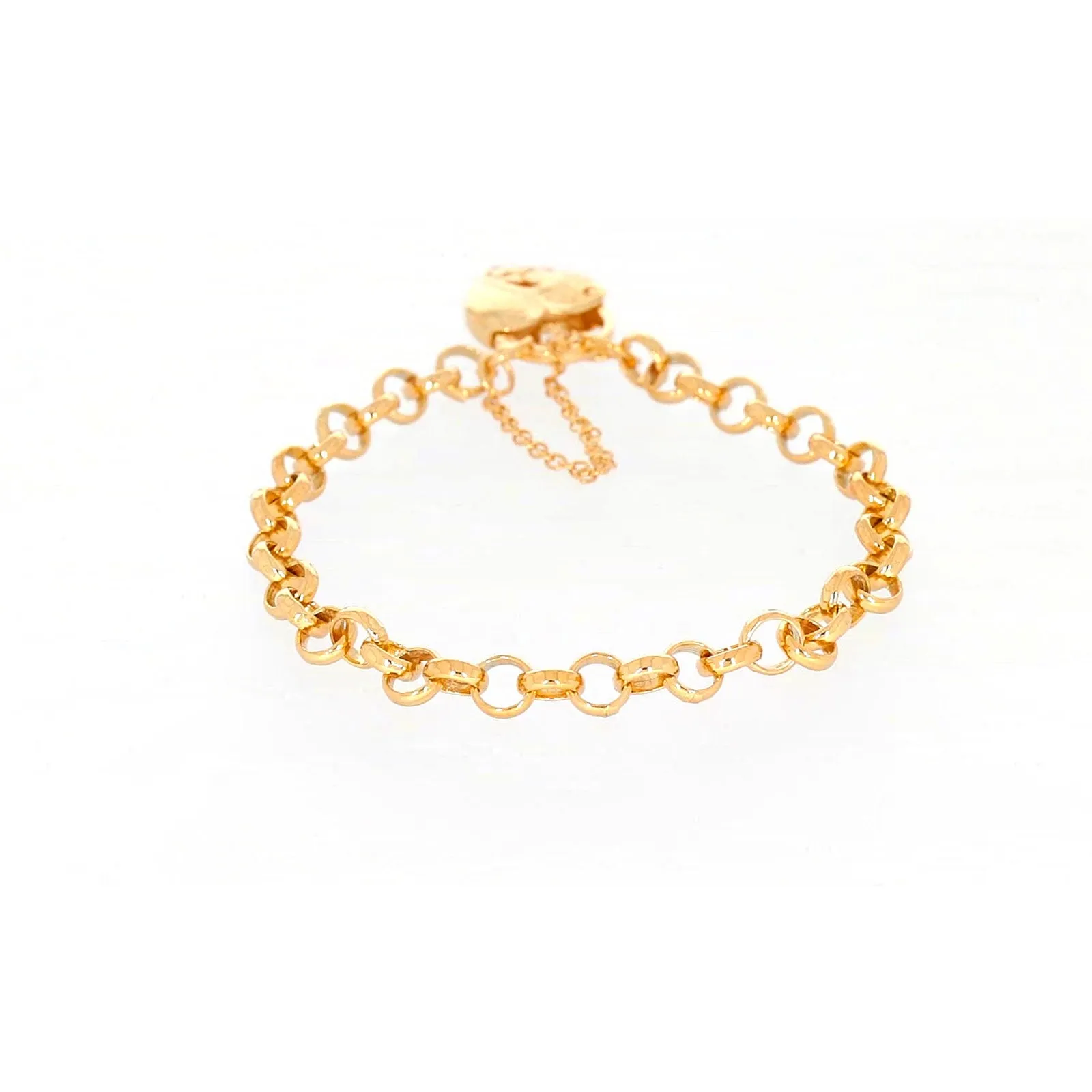 9ct Yellow Gold Silver Filled 19cm Round Belcher Heart Padlock Bracelet