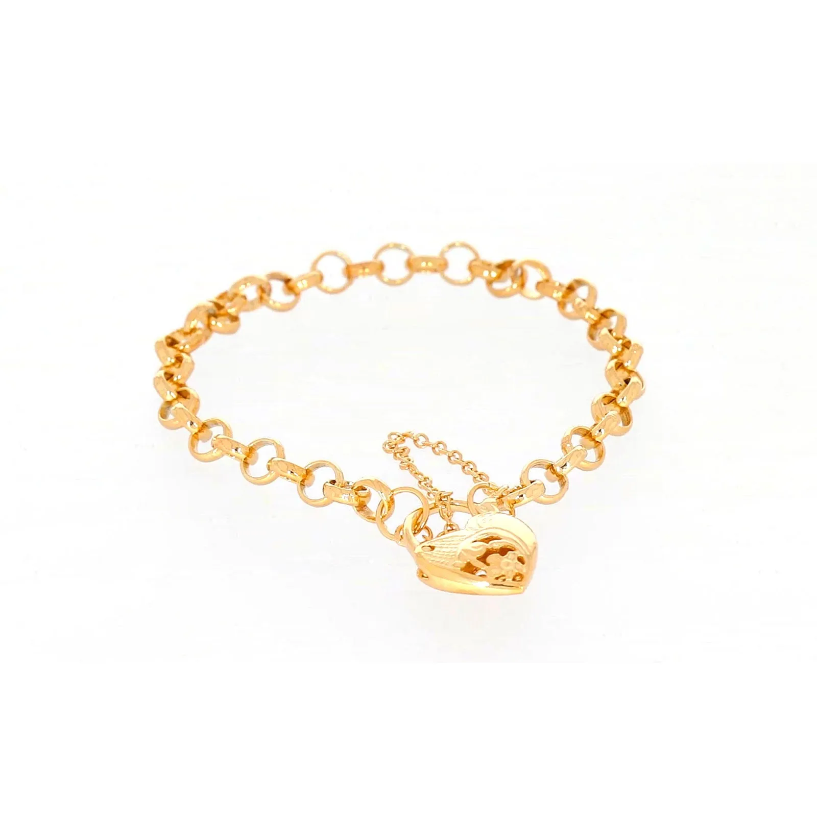 9ct Yellow Gold Silver Filled 19cm Round Belcher Heart Padlock Bracelet