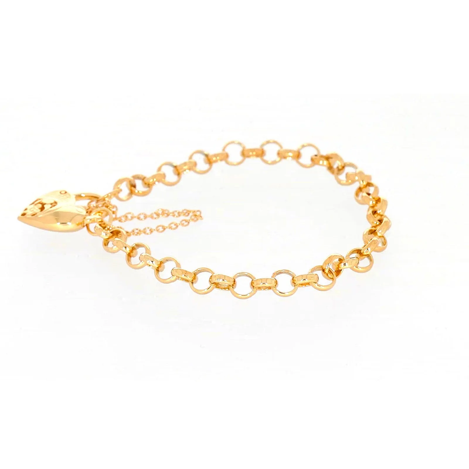 9ct Yellow Gold Silver Filled 19cm Round Belcher Heart Padlock Bracelet