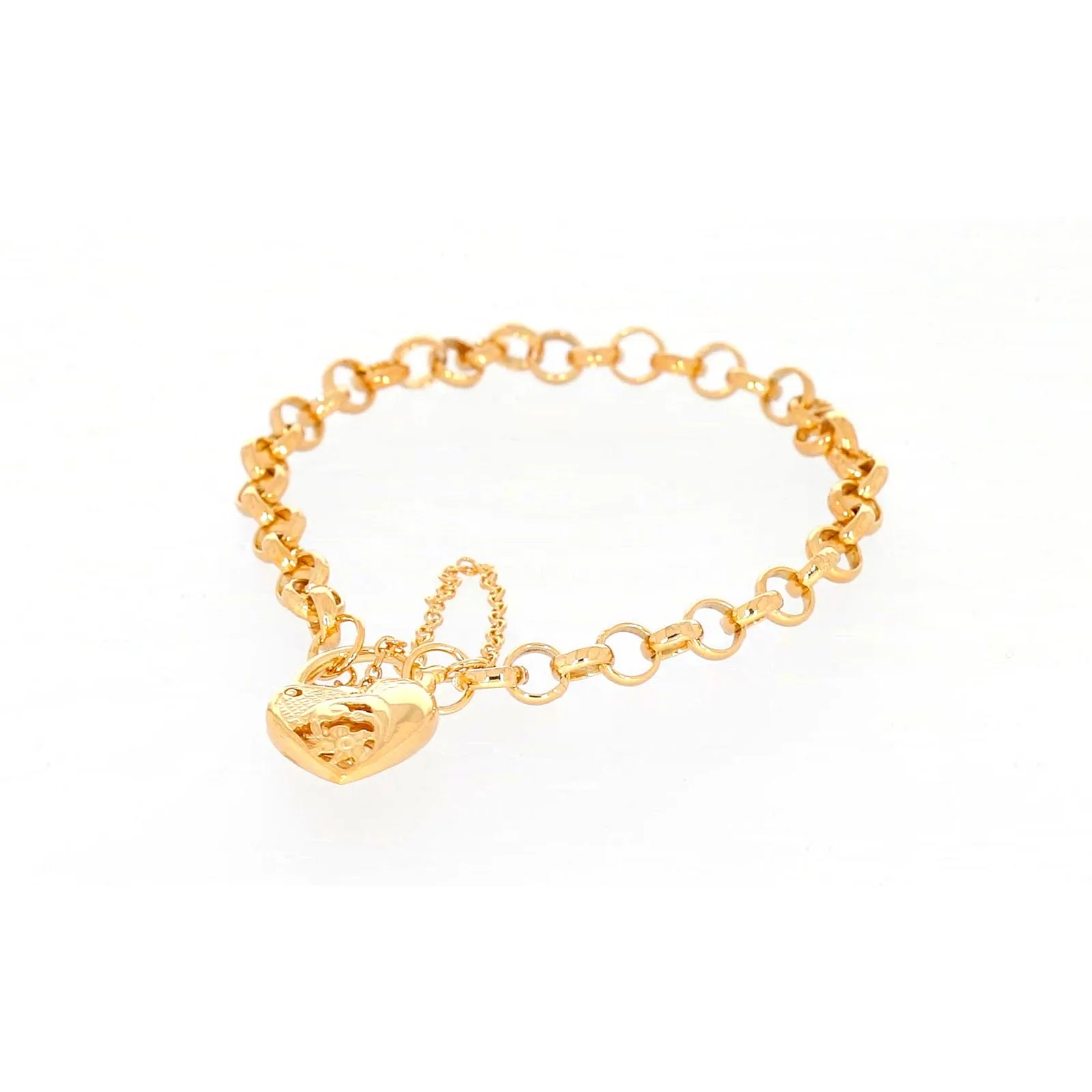 9ct Yellow Gold Silver Filled 19cm Round Belcher Heart Padlock Bracelet