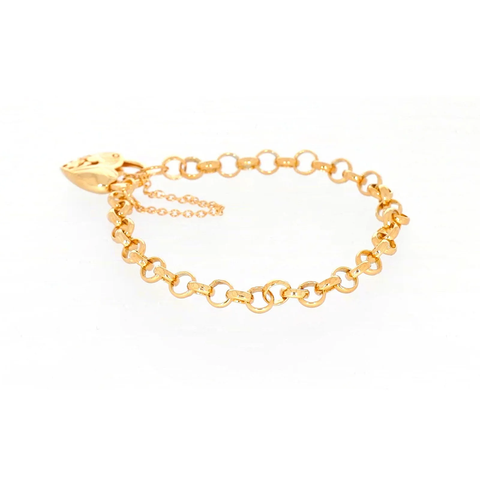 9ct Yellow Gold Silver Filled 19cm Round Belcher Heart Padlock Bracelet