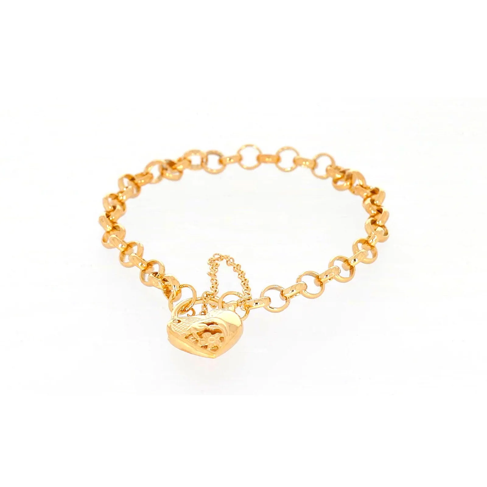 9ct Yellow Gold Silver Filled 19cm Round Belcher Heart Padlock Bracelet