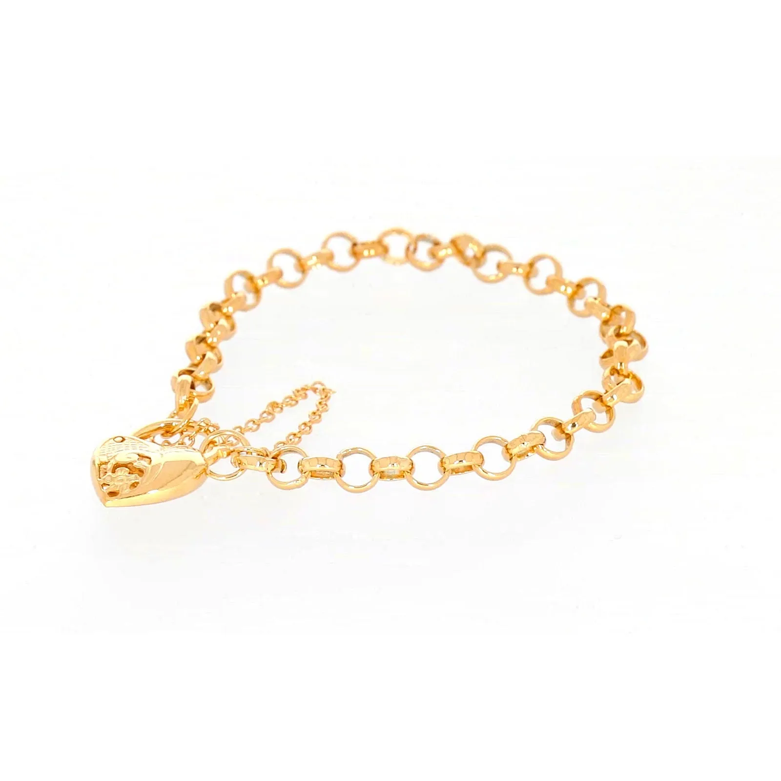 9ct Yellow Gold Silver Filled 19cm Round Belcher Heart Padlock Bracelet