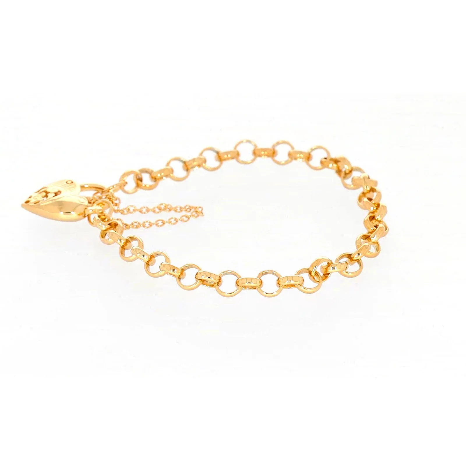 9ct Yellow Gold Silver Filled 19cm Round Belcher Heart Padlock Bracelet