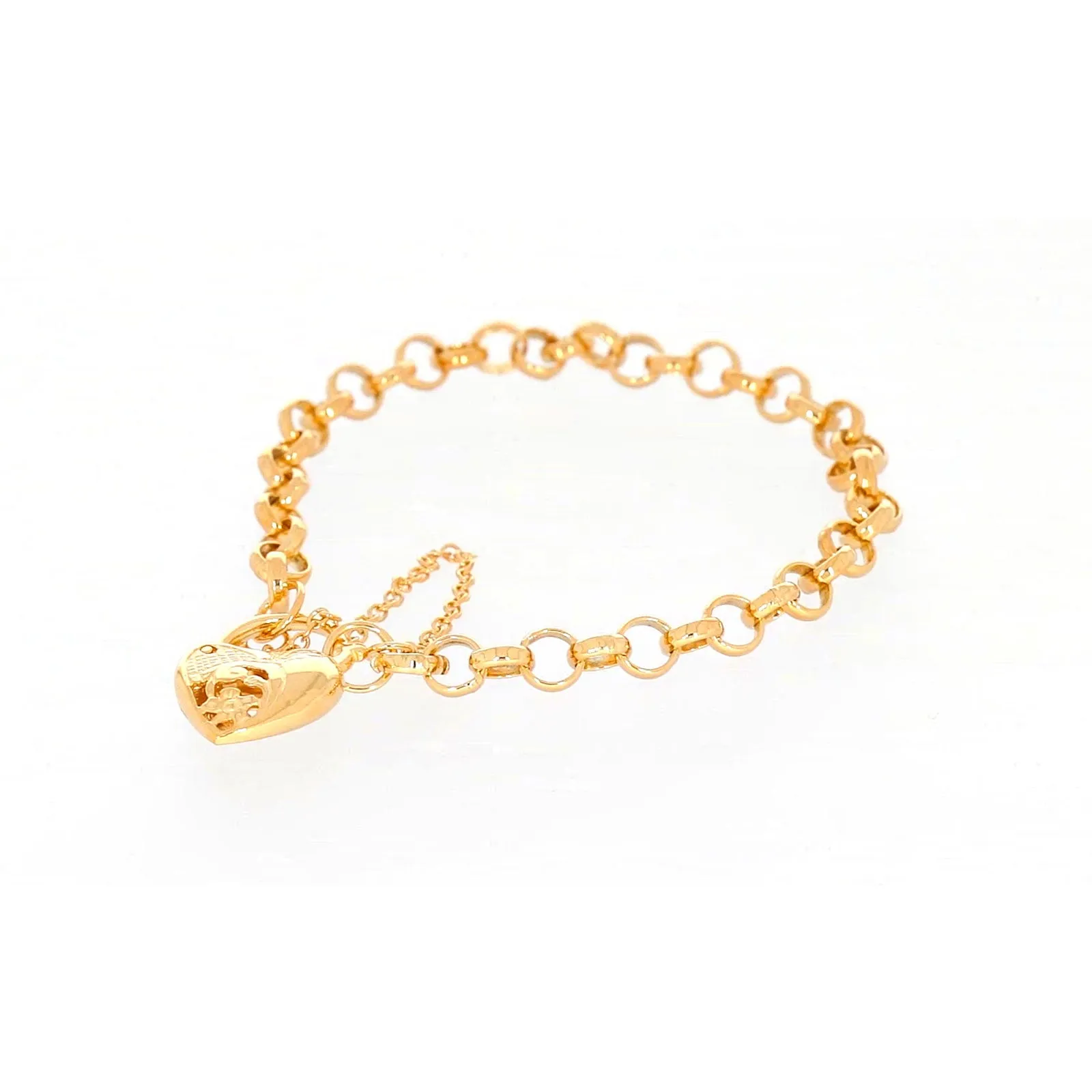 9ct Yellow Gold Silver Filled 19cm Round Belcher Heart Padlock Bracelet