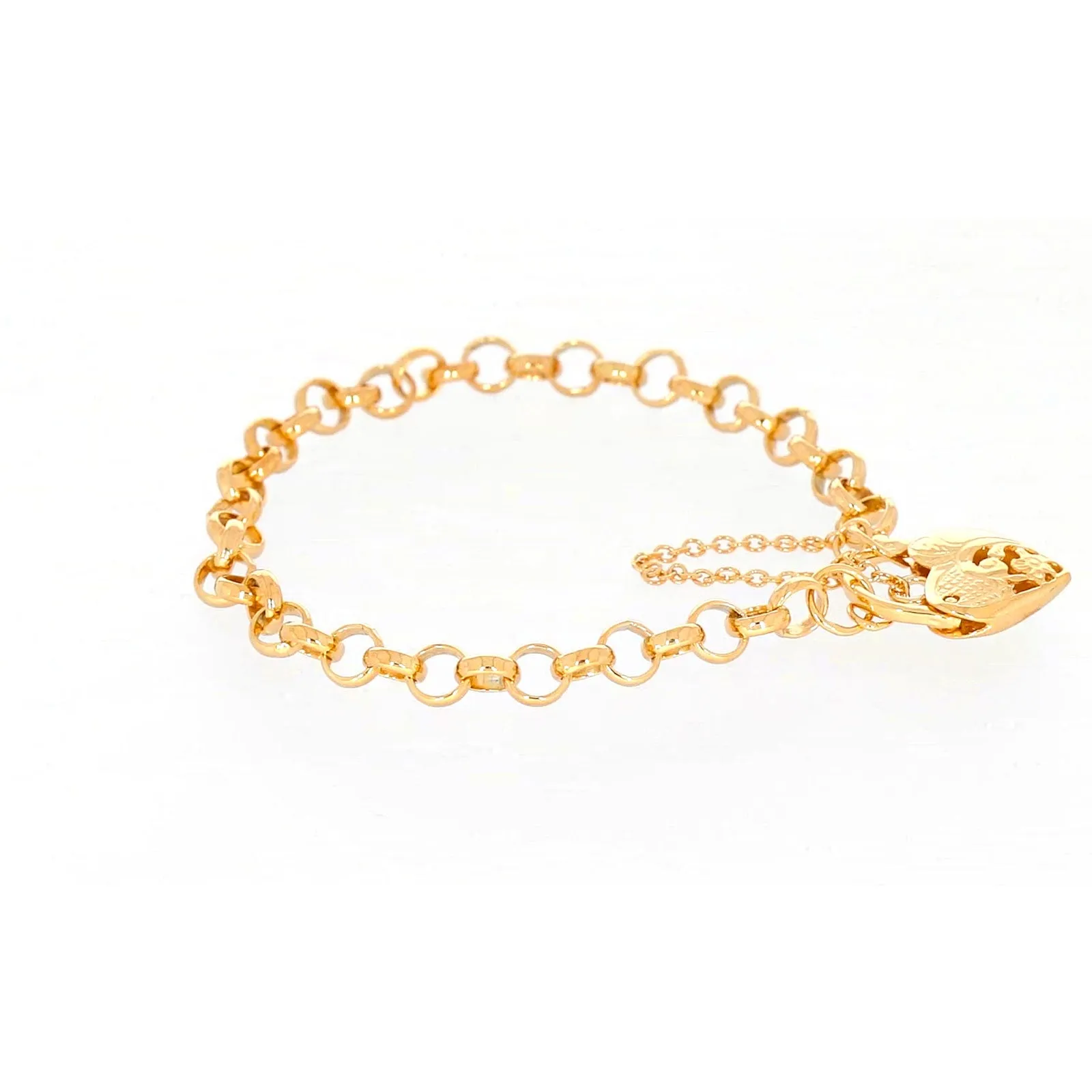 9ct Yellow Gold Silver Filled 19cm Round Belcher Heart Padlock Bracelet