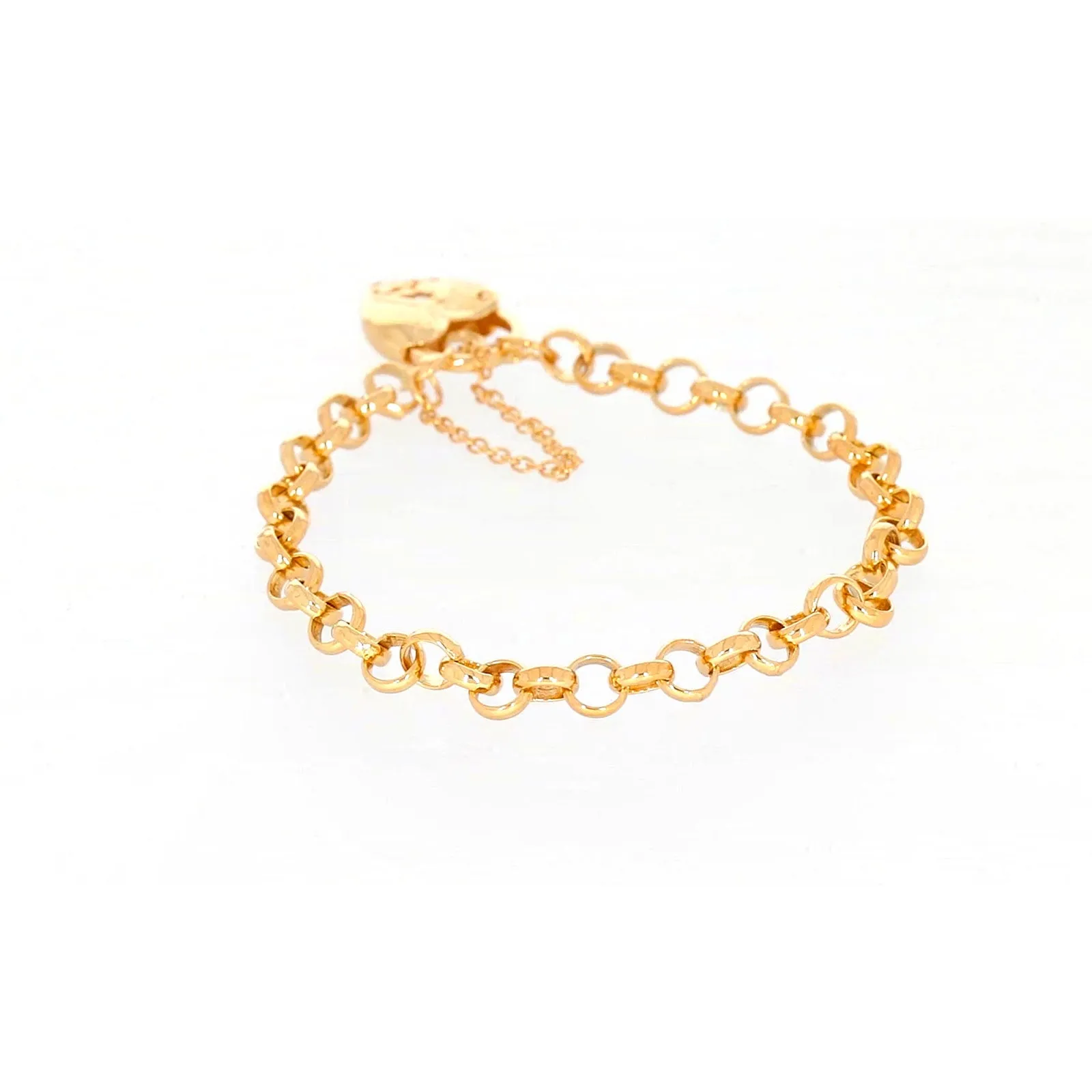 9ct Yellow Gold Silver Filled 19cm Round Belcher Heart Padlock Bracelet