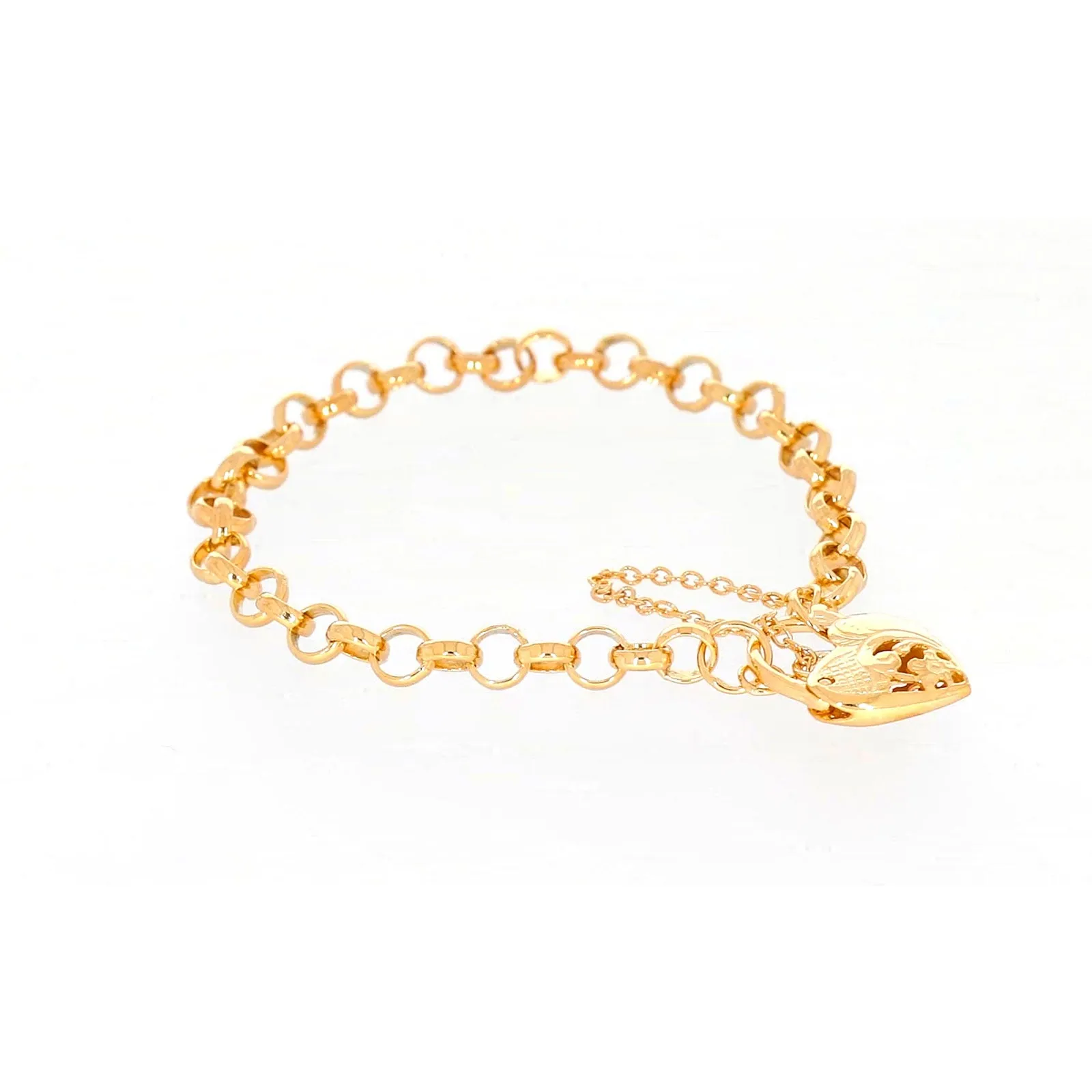 9ct Yellow Gold Silver Filled 19cm Round Belcher Heart Padlock Bracelet