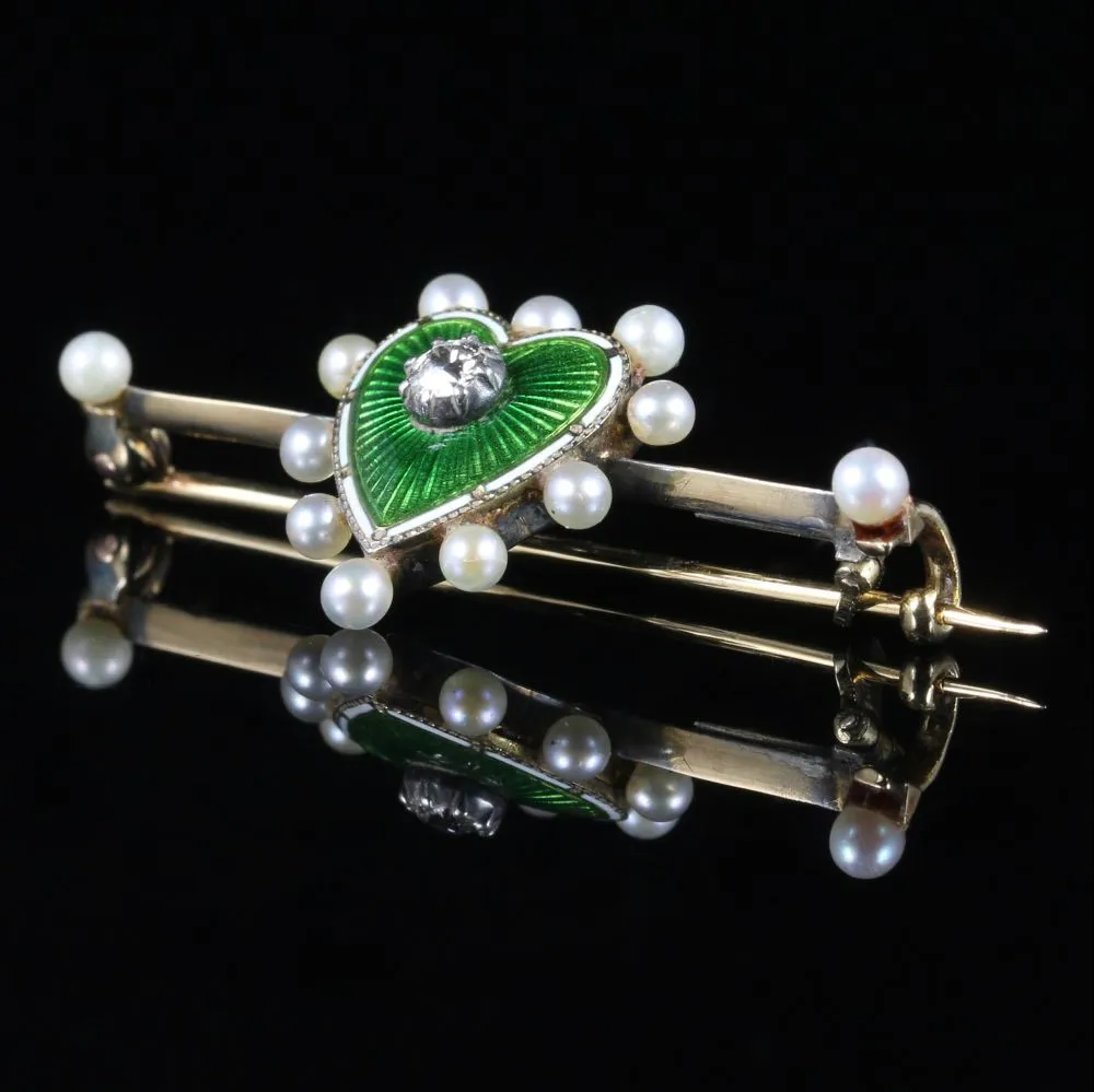 Antique Edwardian Heart Brooch Enamel Pearl Diamond Gold Circa 1915