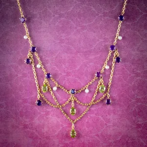 Antique Edwardian Suffragette Garland Necklace 18ct Gold Circa 1910