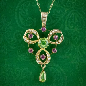 Antique Edwardian Suffragette Pendant Necklace Garnet Peridot Pearl Dated 1908