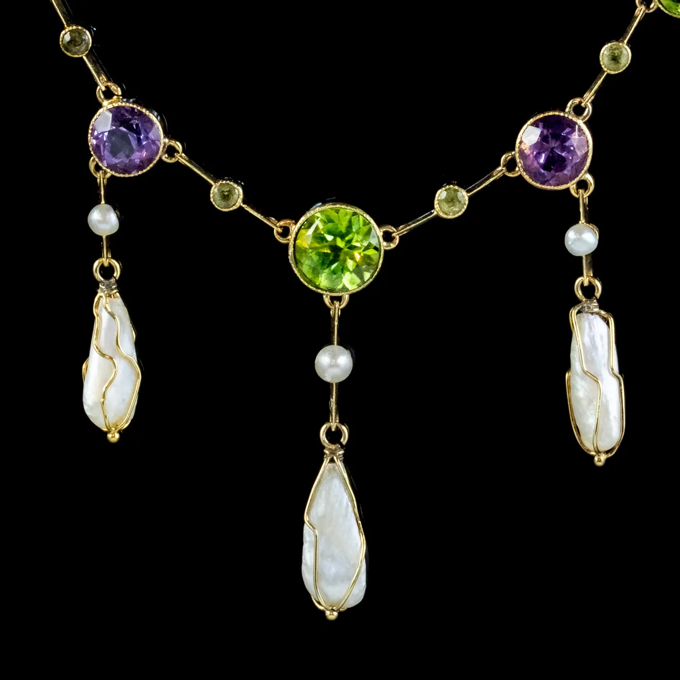 Antique Suffragette Necklace Baroque Pearls Amethyst Peridot 15Ct Gold Circa 1910