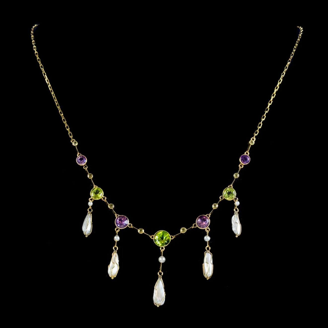 Antique Suffragette Necklace Baroque Pearls Amethyst Peridot 15Ct Gold Circa 1910