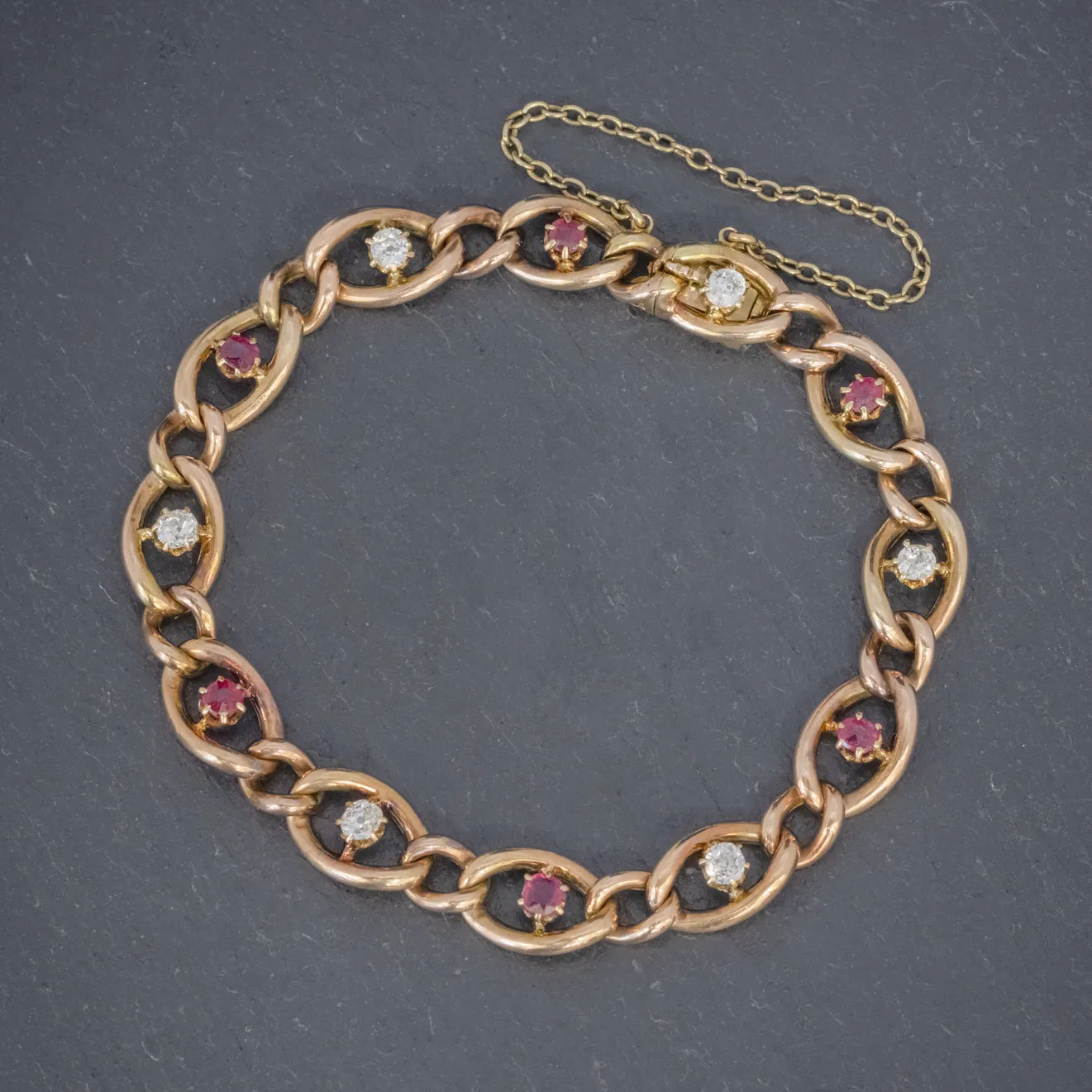 Antique Victorian Ruby Diamond Curb Bracelet 18Ct Gold Circa 1880