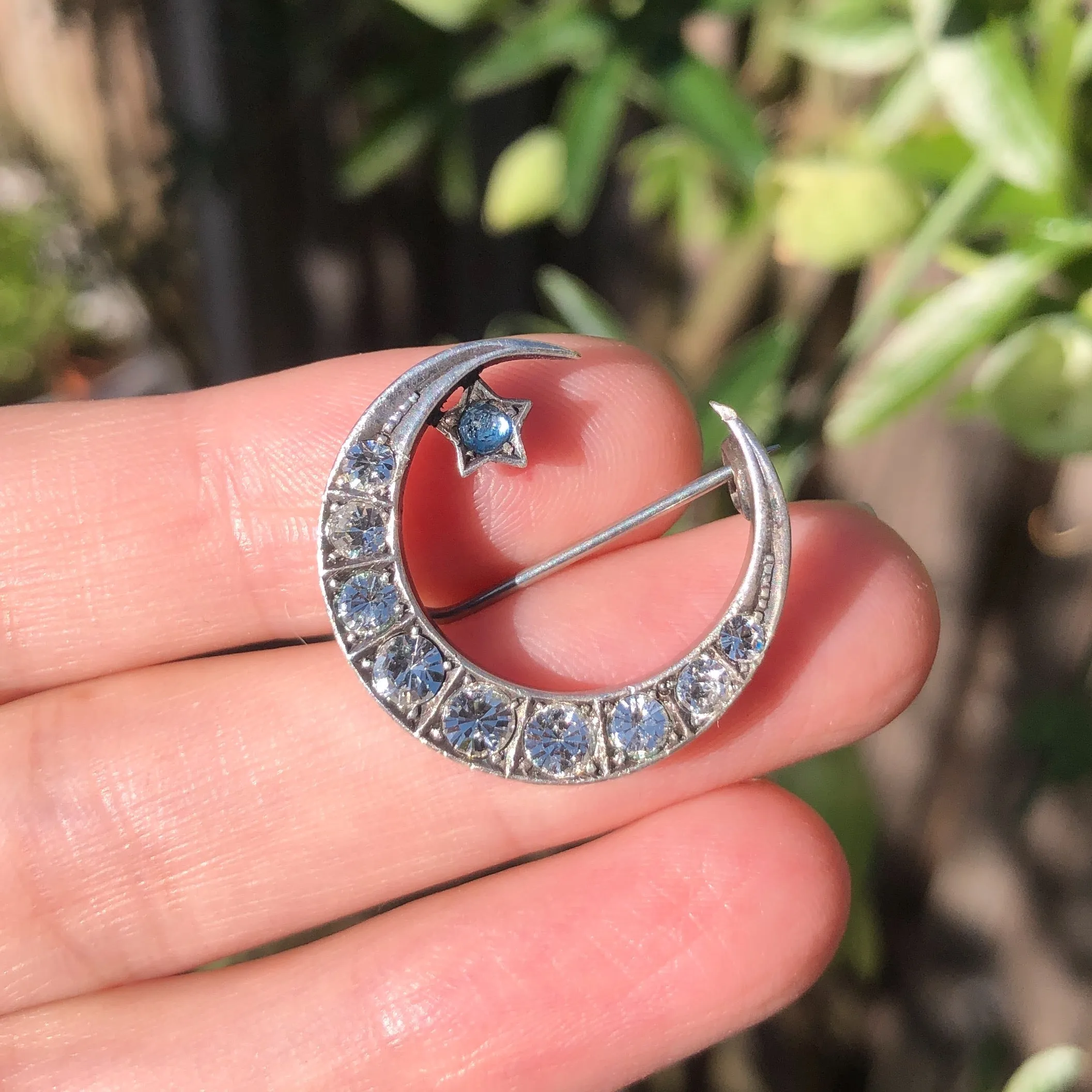 Antique Victorian Silver Crescent Moon Paste Brooch