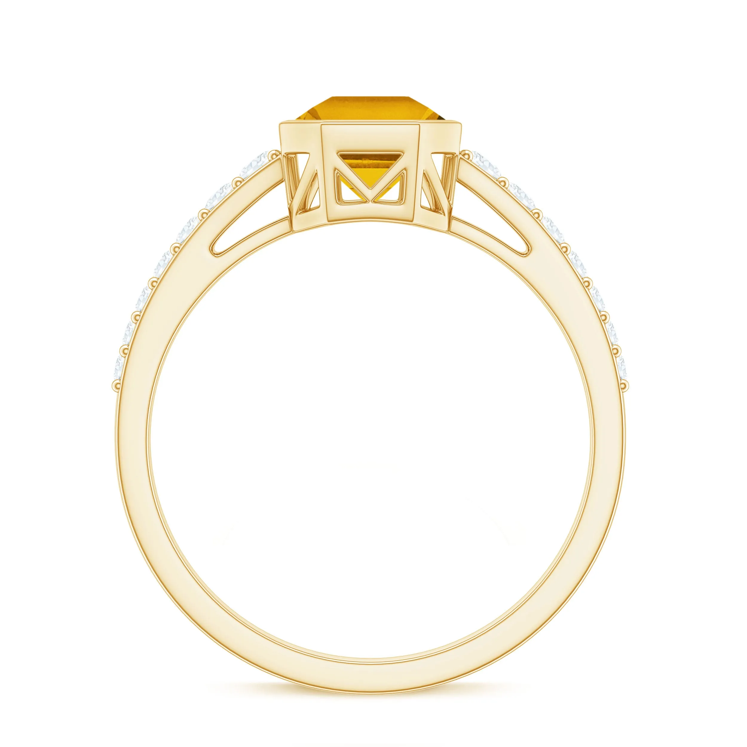 Asscher Cut Citrine Solitaire Ring with Diamond Side Stones