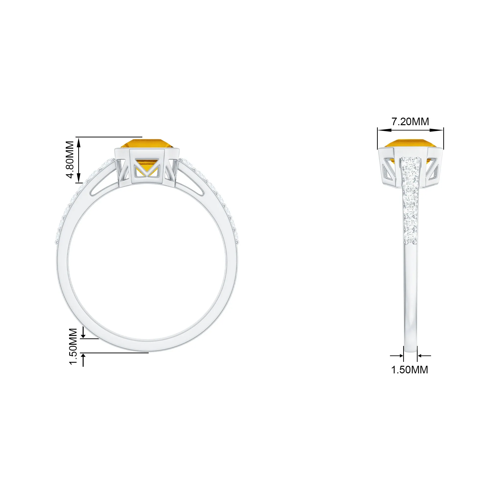 Asscher Cut Citrine Solitaire Ring with Diamond Side Stones