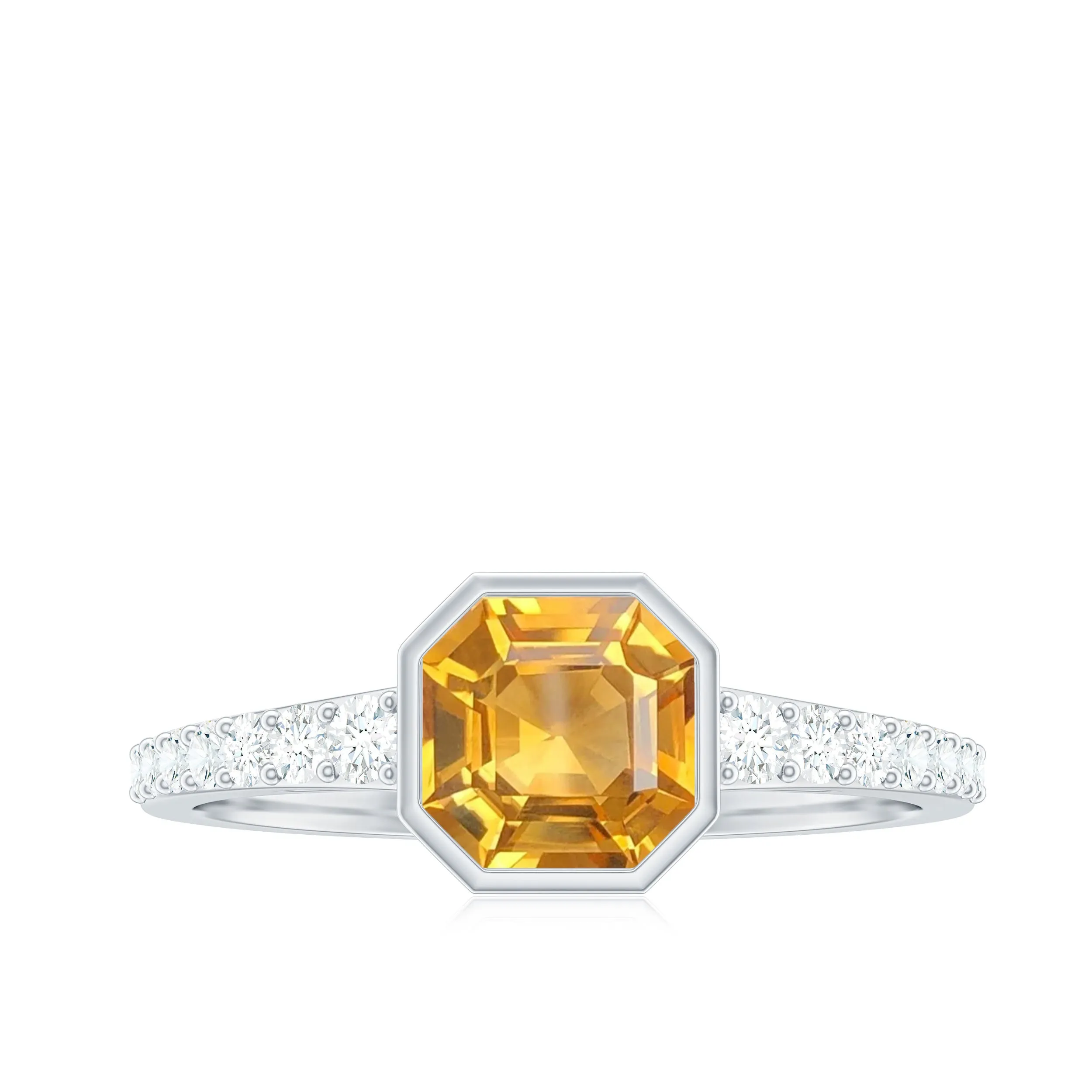 Asscher Cut Citrine Solitaire Ring with Diamond Side Stones