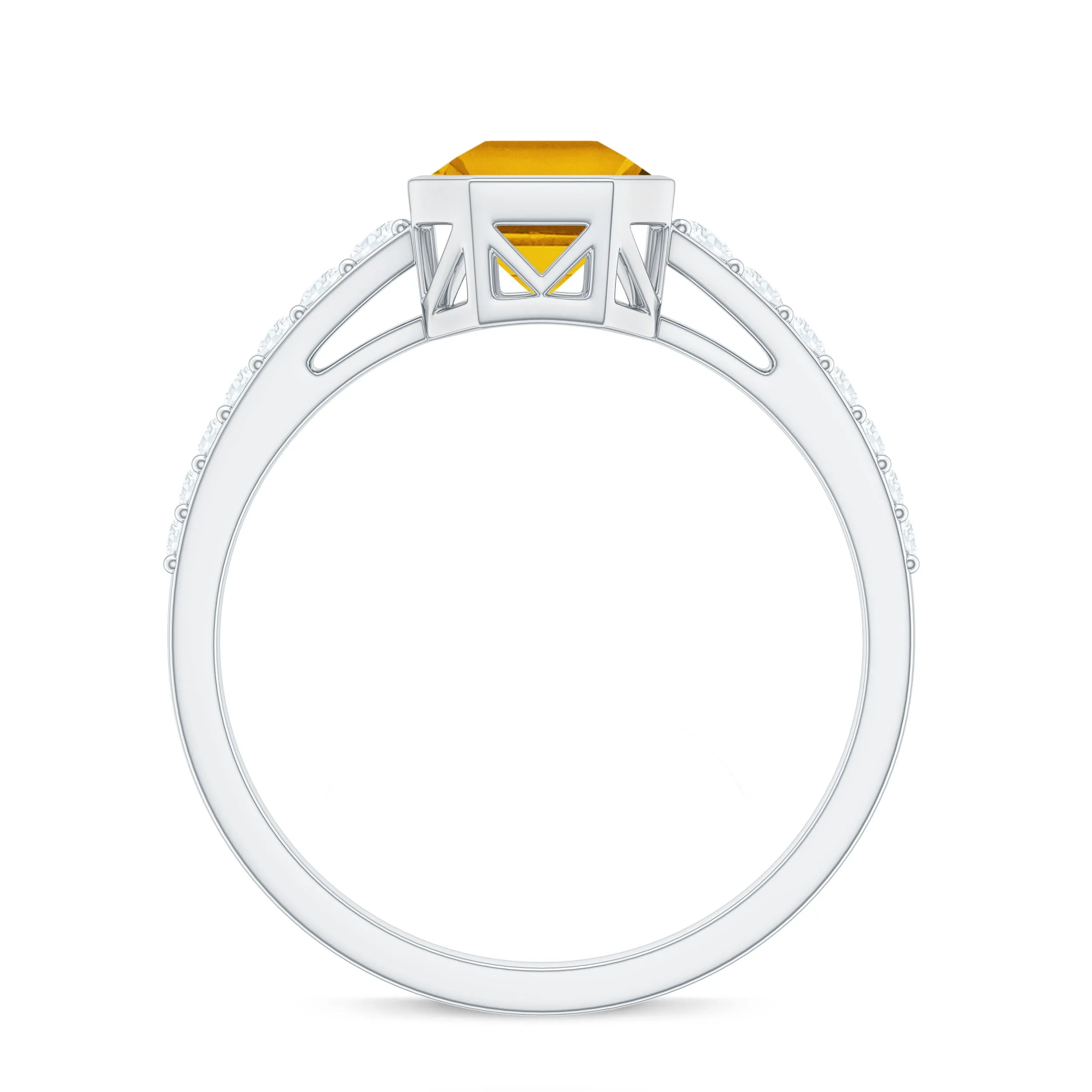 Asscher Cut Citrine Solitaire Ring with Diamond Side Stones