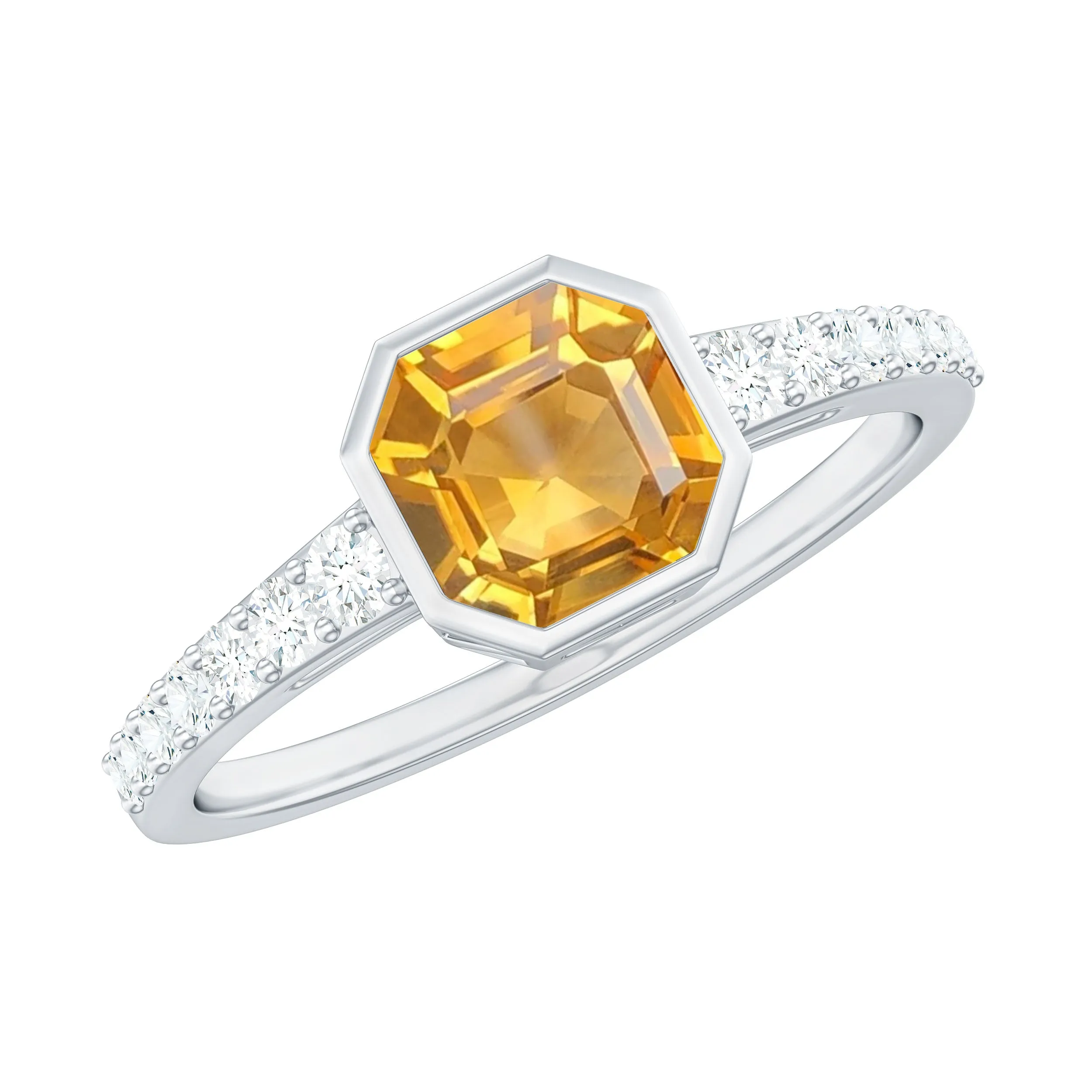 Asscher Cut Citrine Solitaire Ring with Diamond Side Stones