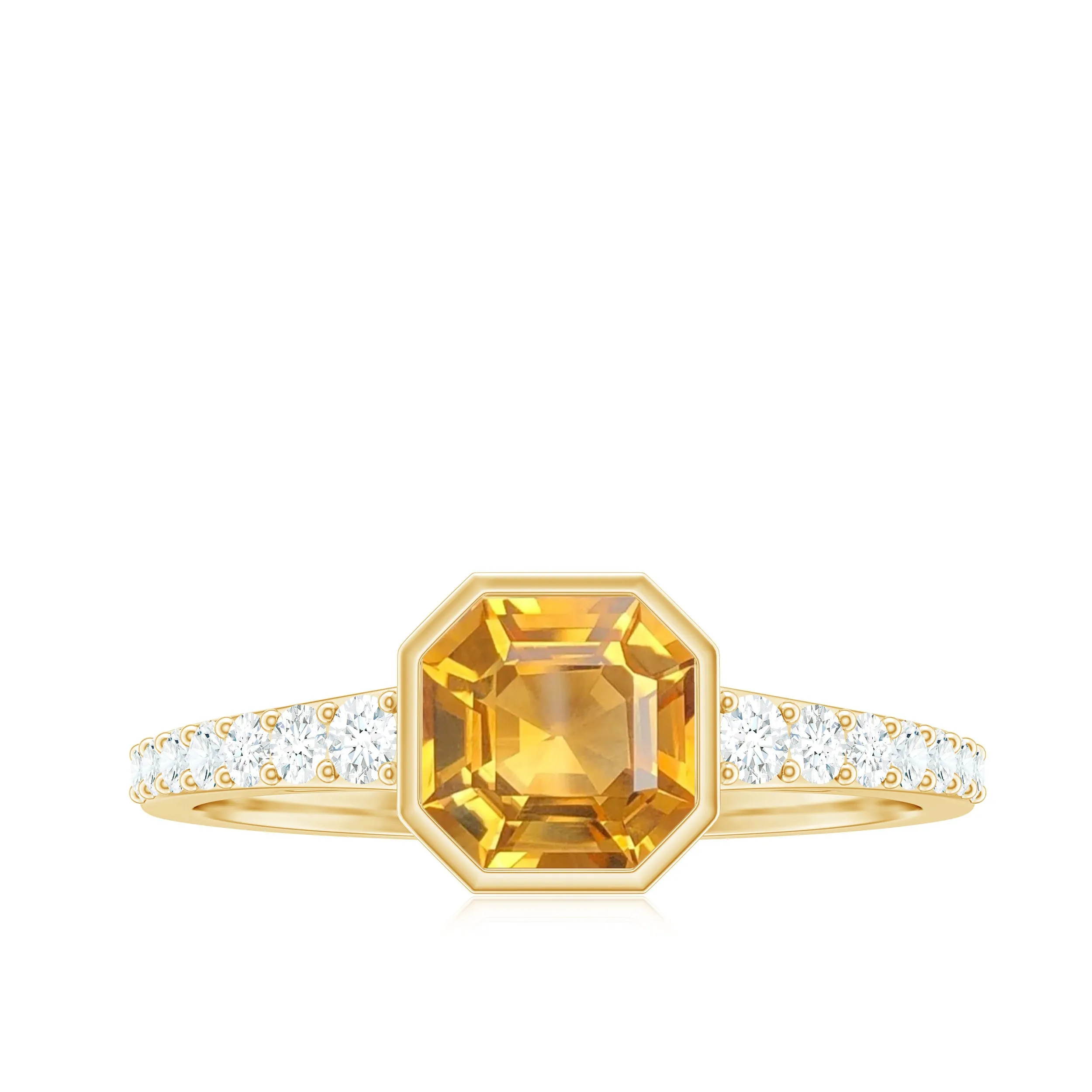 Asscher Cut Citrine Solitaire Ring with Diamond Side Stones