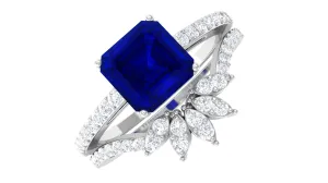 Asscher Cut Created Blue Sapphire Solitaire Wedding Ring Set with Diamond Accent