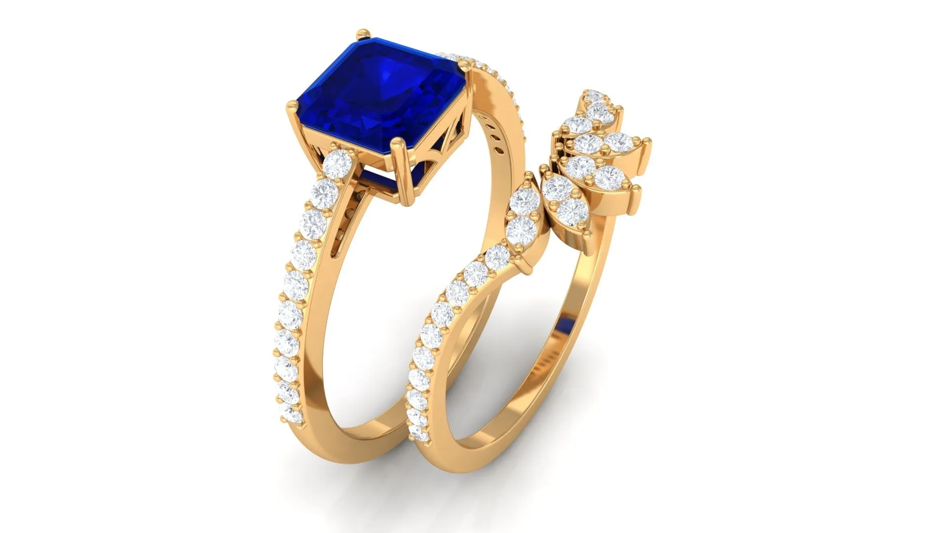 Asscher Cut Created Blue Sapphire Solitaire Wedding Ring Set with Diamond Accent