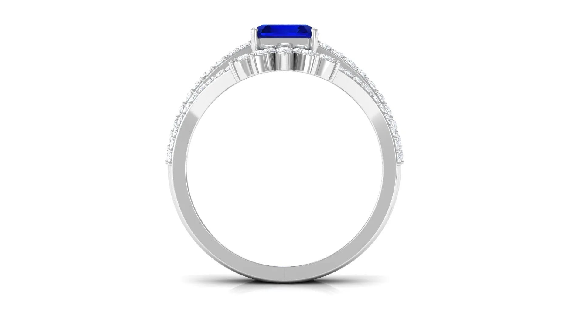 Asscher Cut Created Blue Sapphire Solitaire Wedding Ring Set with Diamond Accent