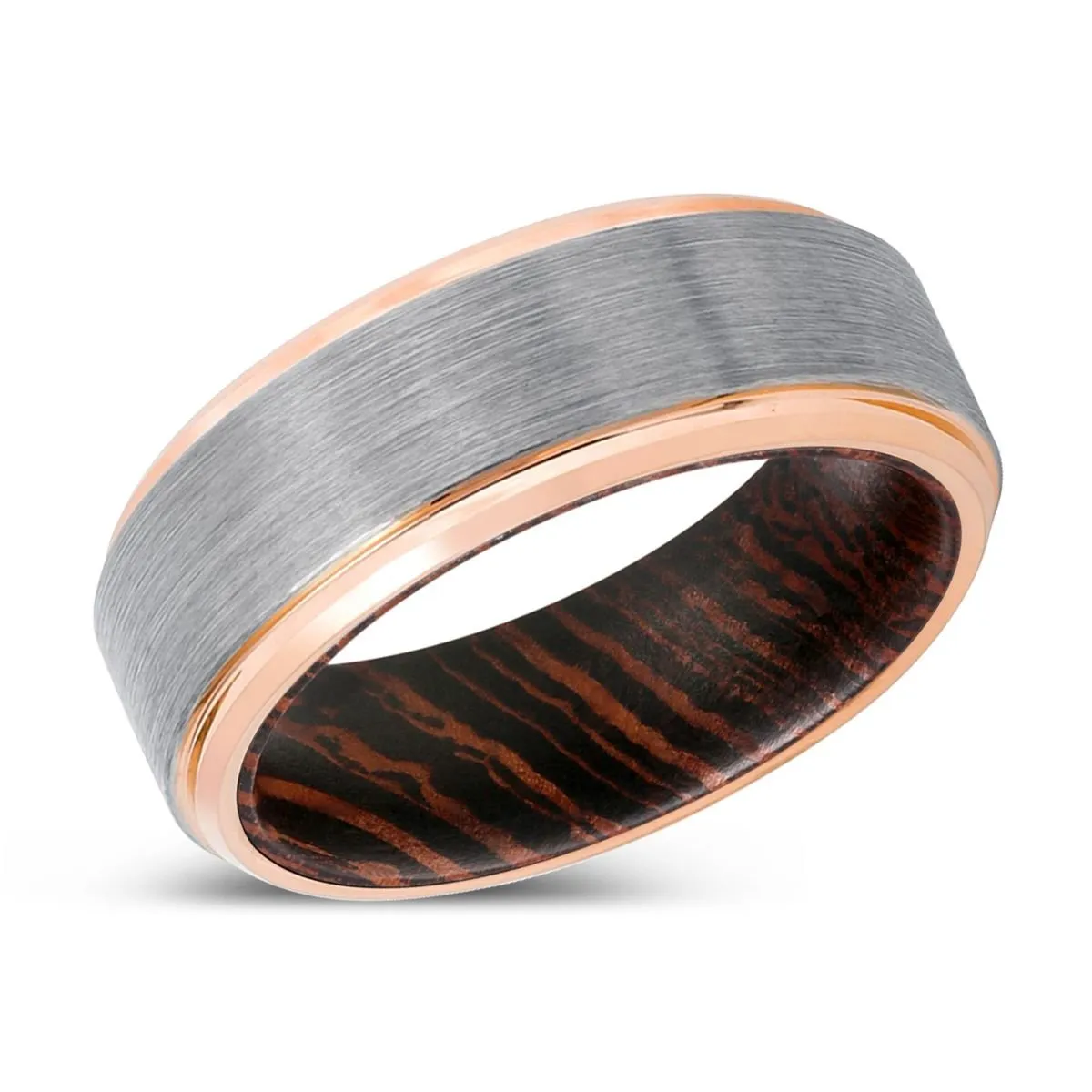 ASVIN | Wenge Wood, Silver Tungsten Ring, Brushed, Rose Gold Stepped Edge