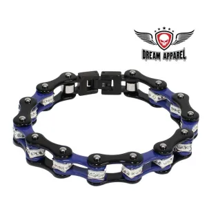 Black And Blue Squared Motorcycle Bracelet With Clear Gemstones