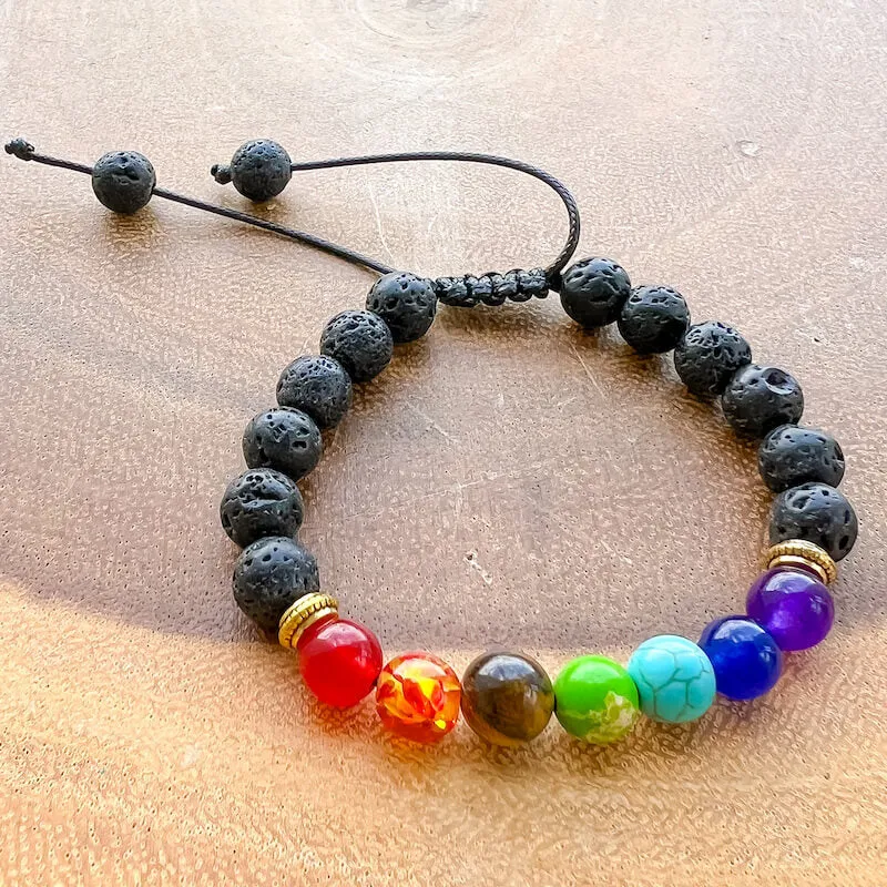 Black Lava Stone and 7 Chakra Stretch Bracelet