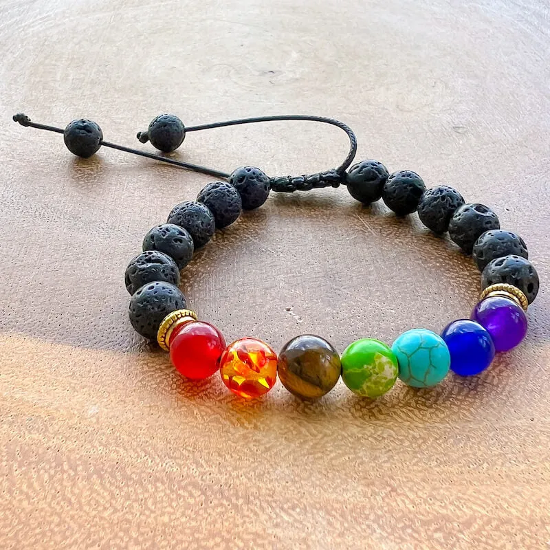 Black Lava Stone and 7 Chakra Stretch Bracelet