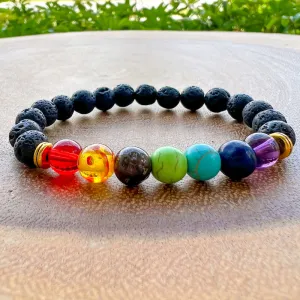 Black Lava Stone and 7 Chakra Stretch Bracelet