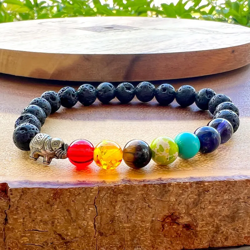 Black Lava Stone and 7 Chakra Stretch Bracelet