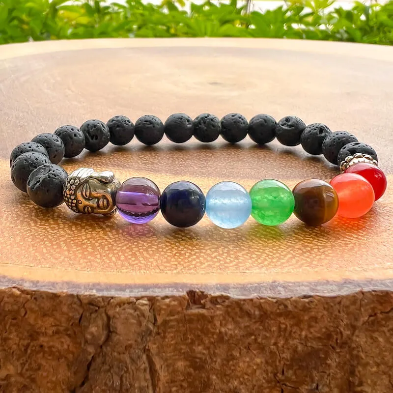 Black Lava Stone and 7 Chakra Stretch Bracelet