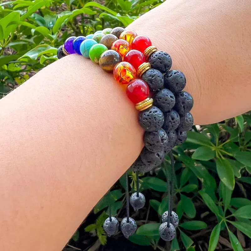 Black Lava Stone and 7 Chakra Stretch Bracelet