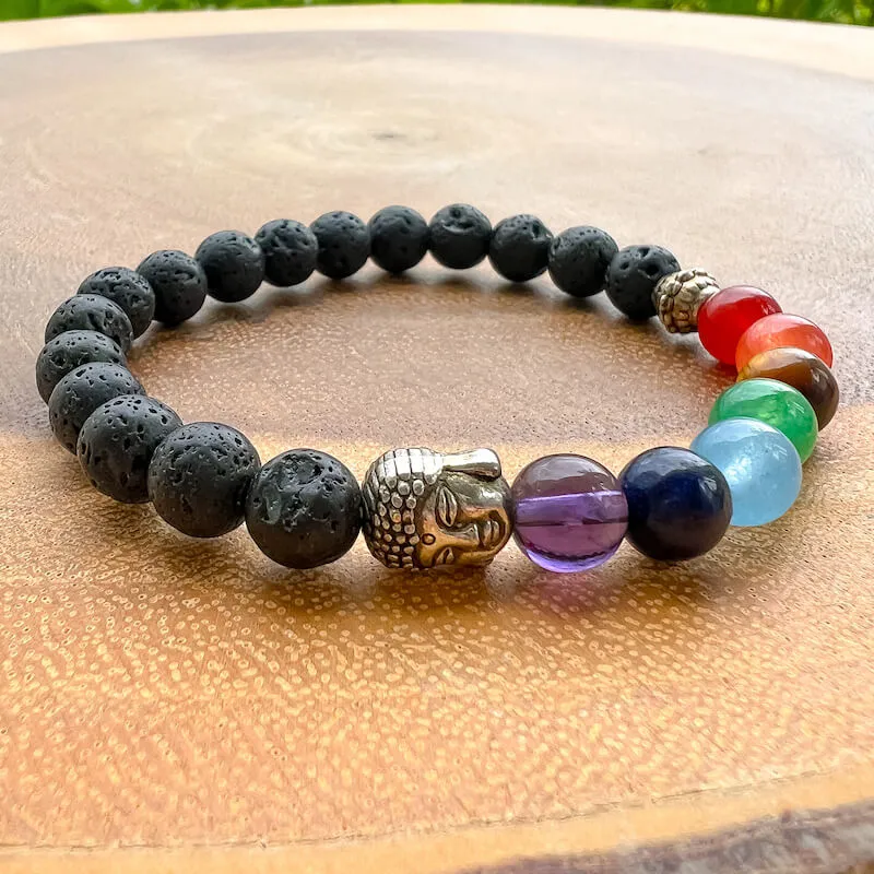 Black Lava Stone and 7 Chakra Stretch Bracelet