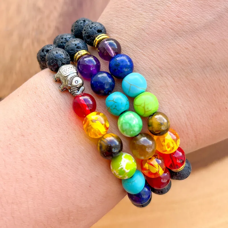 Black Lava Stone and 7 Chakra Stretch Bracelet