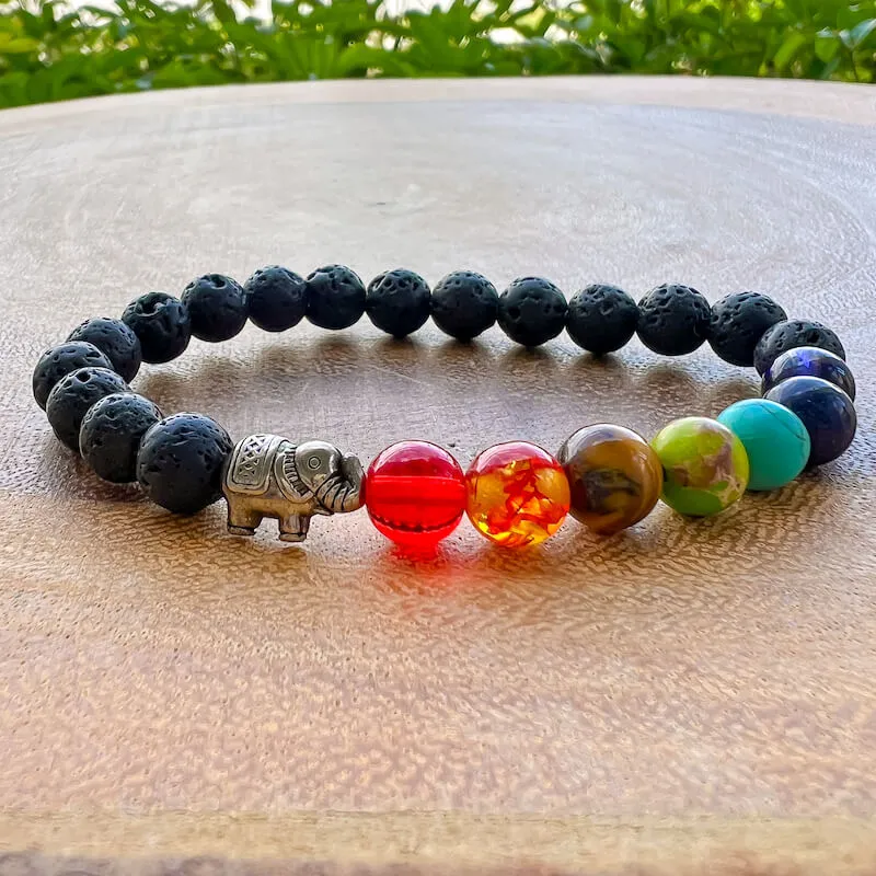 Black Lava Stone and 7 Chakra Stretch Bracelet