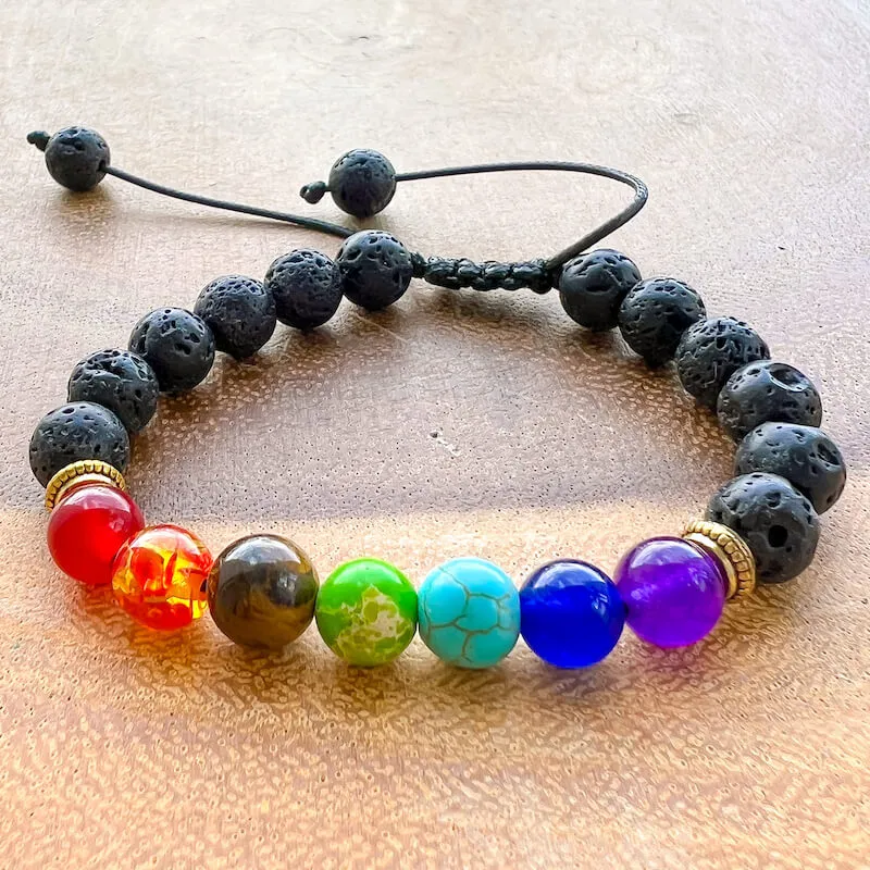 Black Lava Stone and 7 Chakra Stretch Bracelet