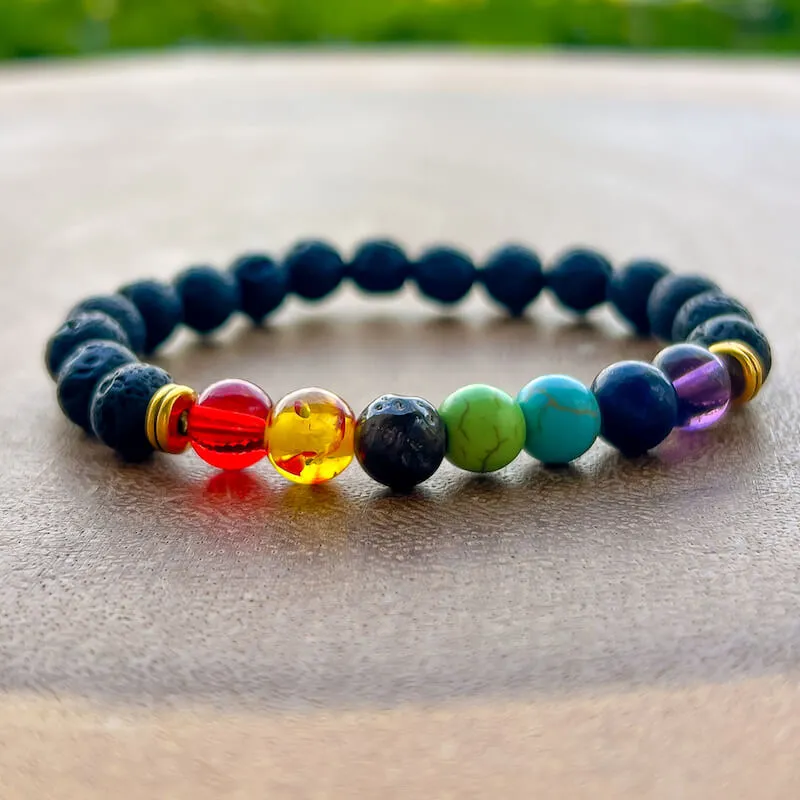 Black Lava Stone and 7 Chakra Stretch Bracelet