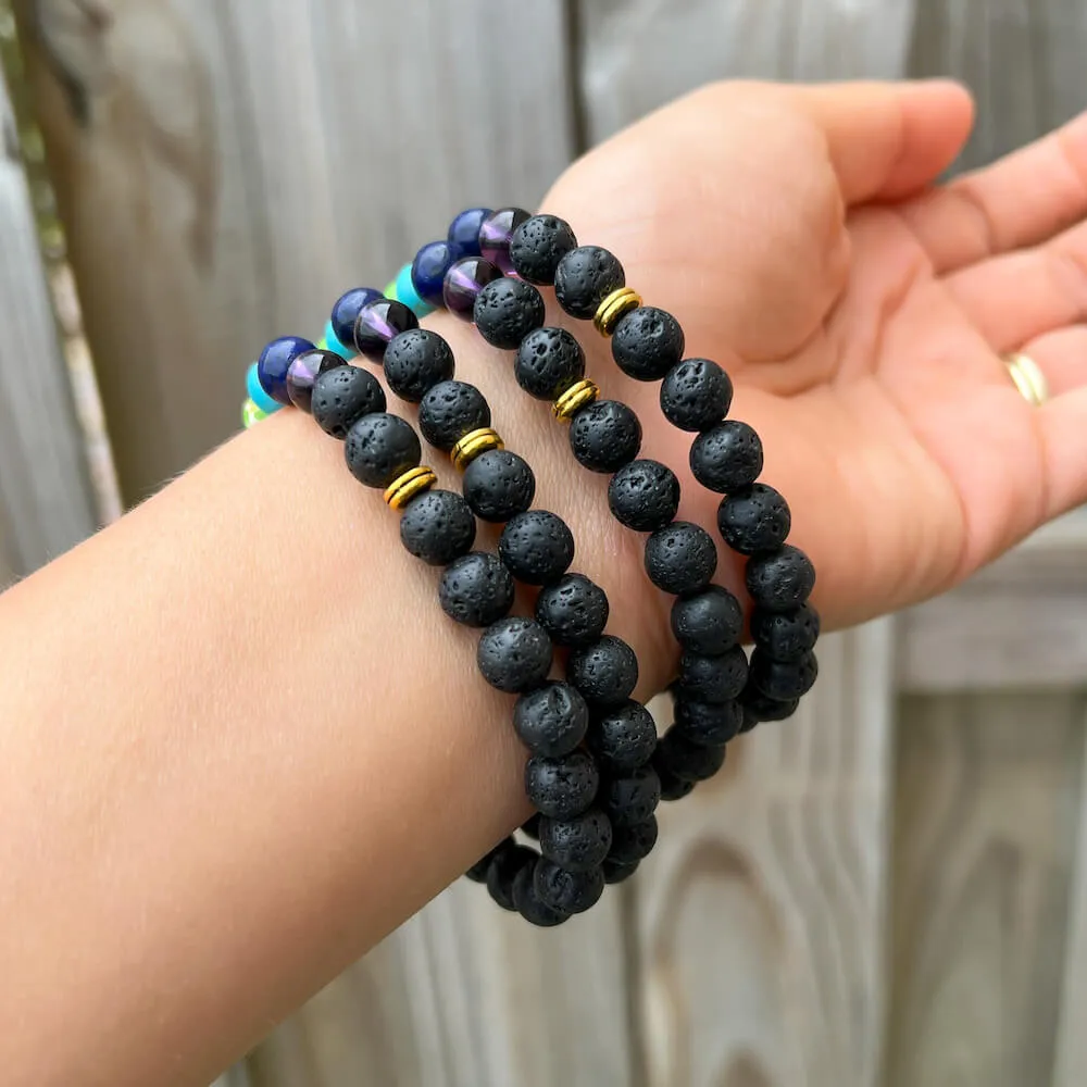 Black Lava Stone and 7 Chakra Stretch Bracelet