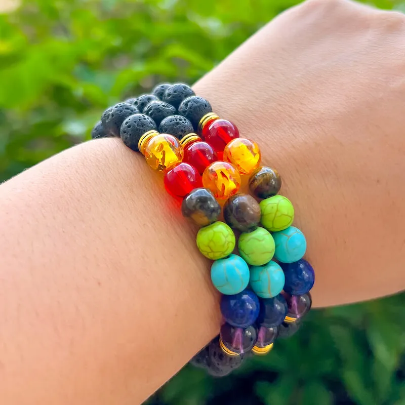 Black Lava Stone and 7 Chakra Stretch Bracelet