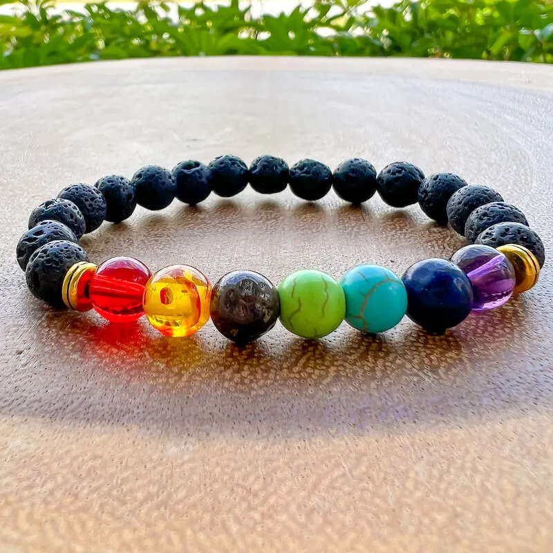 Black Lava Stone and 7 Chakra Stretch Bracelet