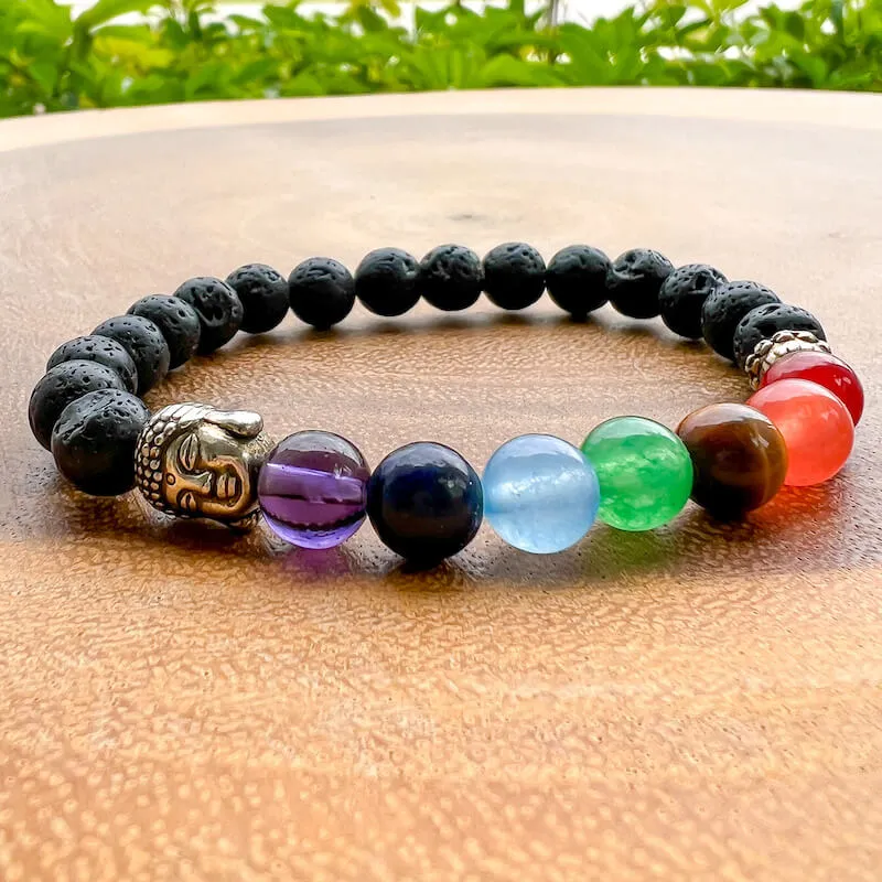 Black Lava Stone and 7 Chakra Stretch Bracelet