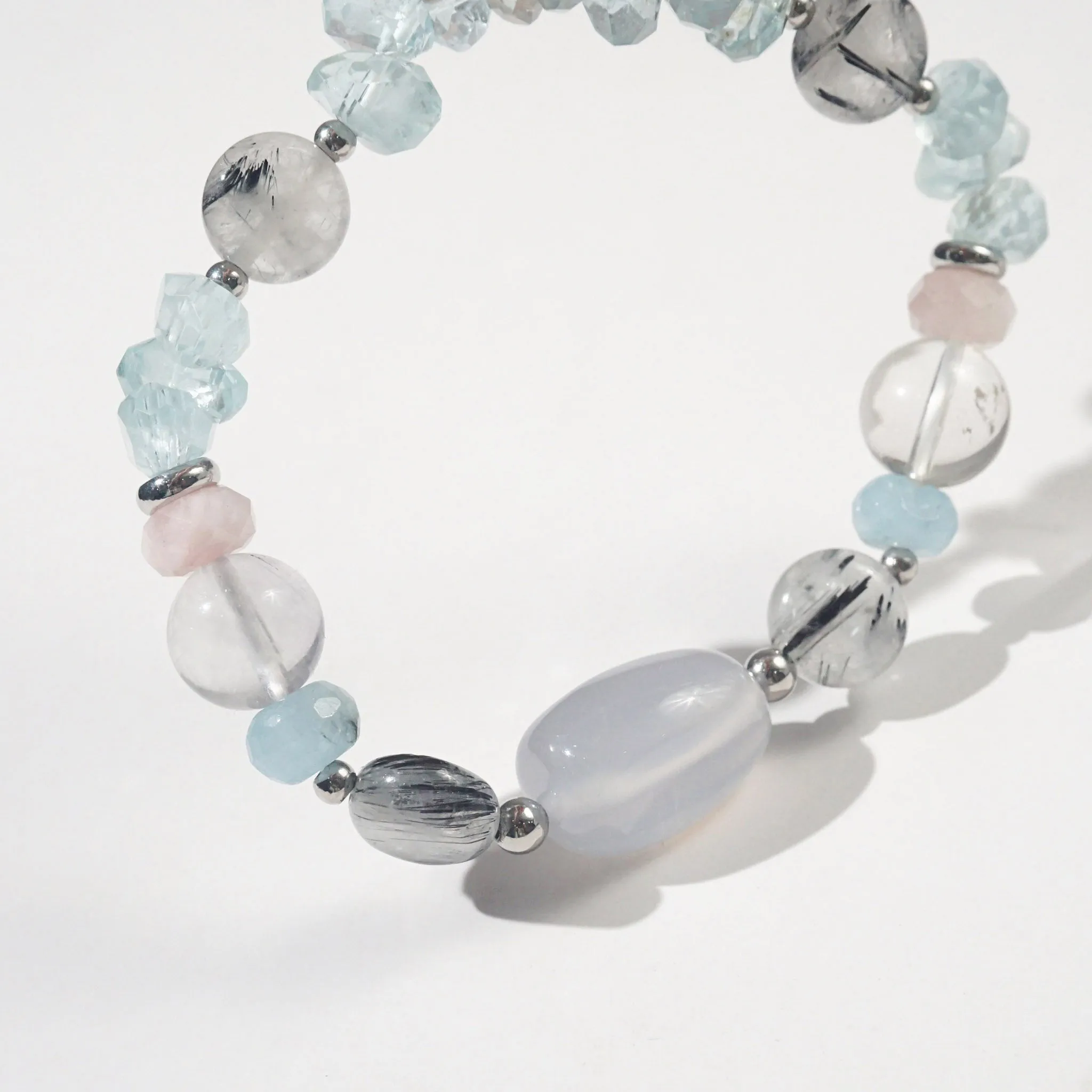 Blue Chalcedony, Black Tourmalinated Quartz, and Aquamarine