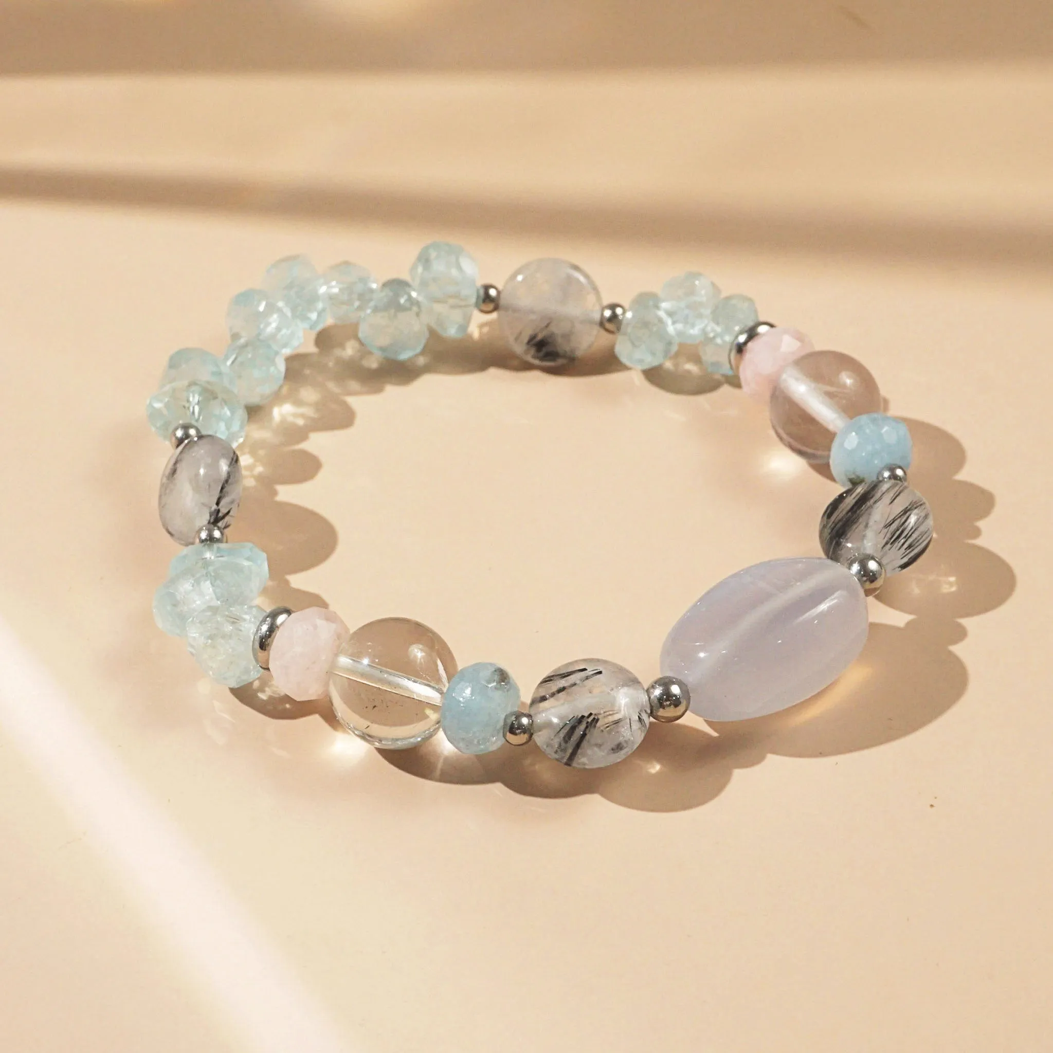 Blue Chalcedony, Black Tourmalinated Quartz, and Aquamarine