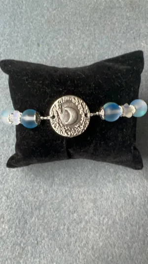 Blue Mermaid Glass with Frosted Glass Stars and Forest Moon Pewter Plated Link Pendant Bracelet