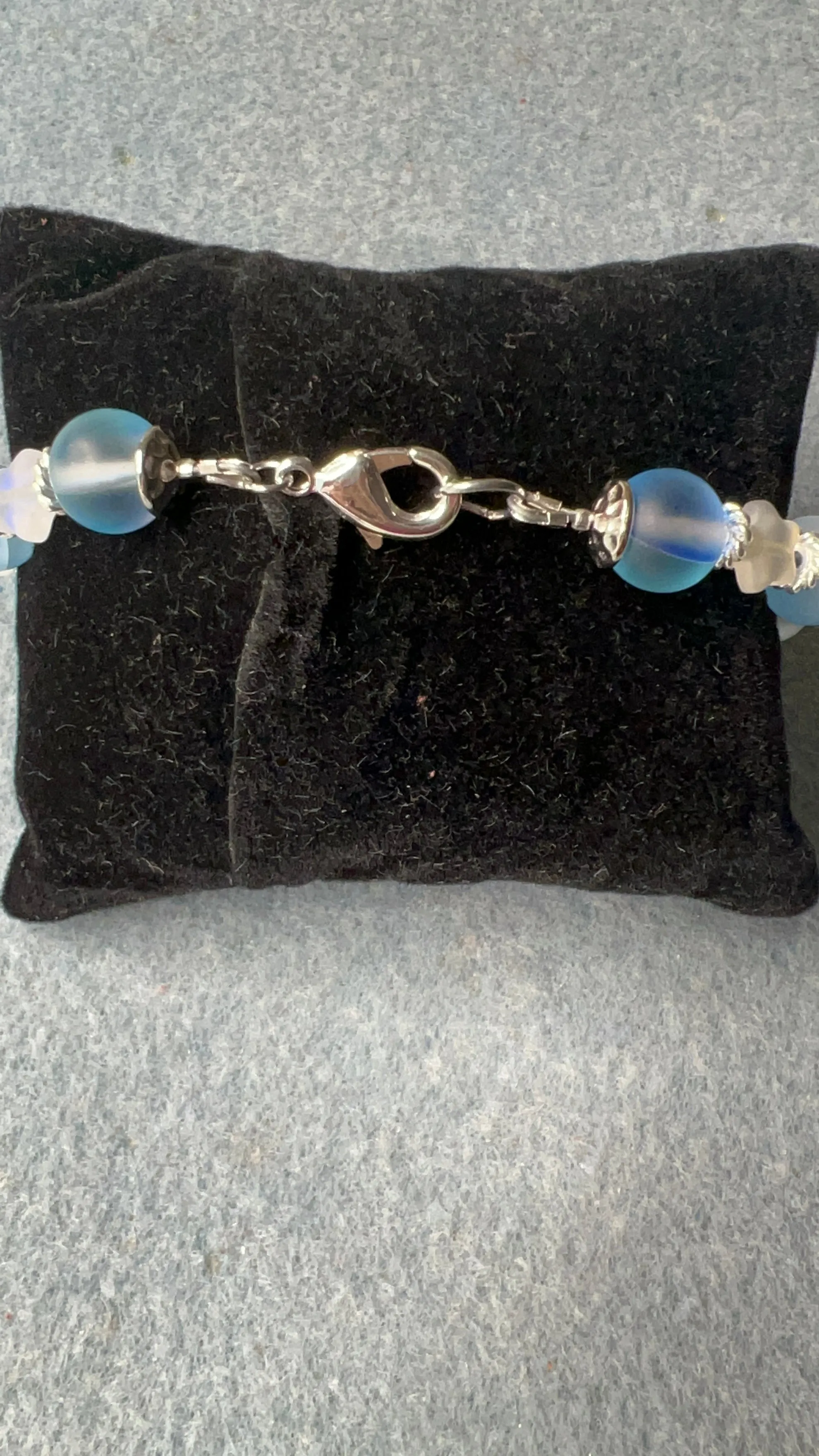 Blue Mermaid Glass with Frosted Glass Stars and Forest Moon Pewter Plated Link Pendant Bracelet